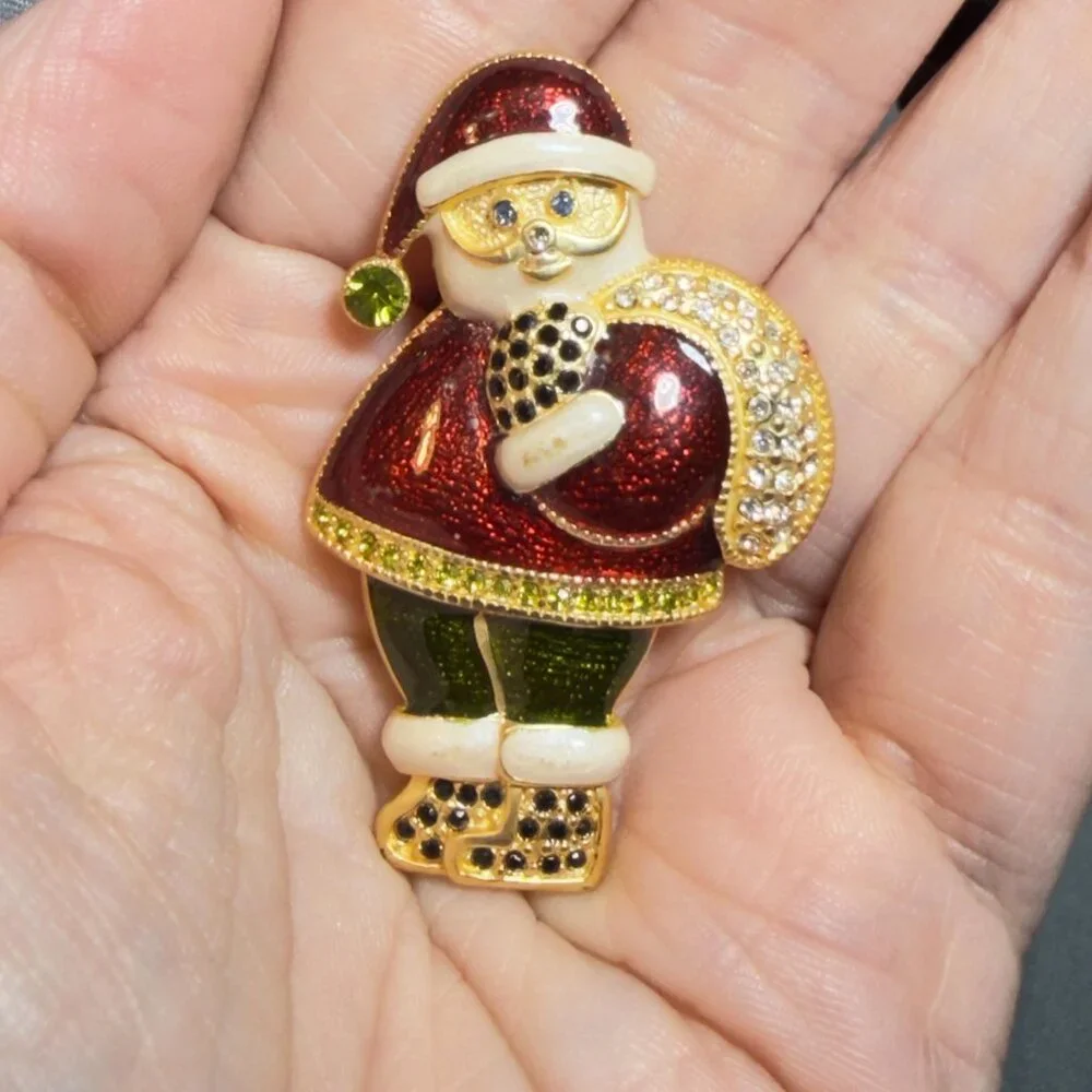 Santa Brooch Rhinestone Enamel Christmas Pin Gold Tone 2”